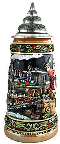 KING Bierkrug 0,75 Liter Nikolaus Eisenbahn Bierseidel, blau, gelüstert, mit Deckel