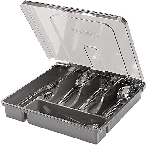 HIMAugbo Besteckkasten mit Deckel, Tragbar Besteck Aufbewahrung, Kompakter Besteckkasten füR Campingurlaub/Reisen/Garten, 30 * 30 * 7cm, Schwarz