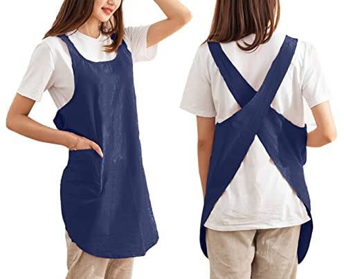 Caatoor Cotton Cross Back Aprons Solid Color Cooking Kitchen Garden Smock for Women Girls with Pockets (Navy Blue, 37Wx 32L)