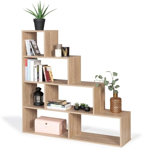 IDMarket - Scaffale a scala con 6 scomparti in legno look faggio LINA