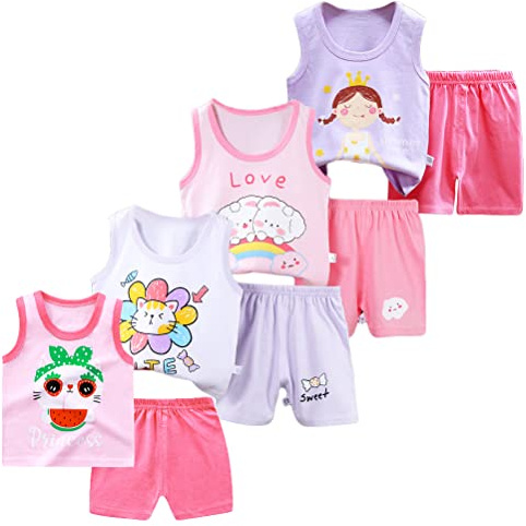 XM-Amigo 8 Piezas Chaleco sin Mangas y Short Bebé y Niña,3 Meses-7 años | chaleco sin mangas y pantalones cortos, tela de algodón suave y transpirable, ropa de verano para bebé Niña