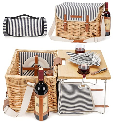 Wicker Picnic Basket for 2 with Detachable Table, Elasticated Wine Holder, Shoulder Carrying Willow Picnic Hamper Set with Premium Tableware & Blanket for Outdoor, Wedding, Anniversary, Birthday Gift