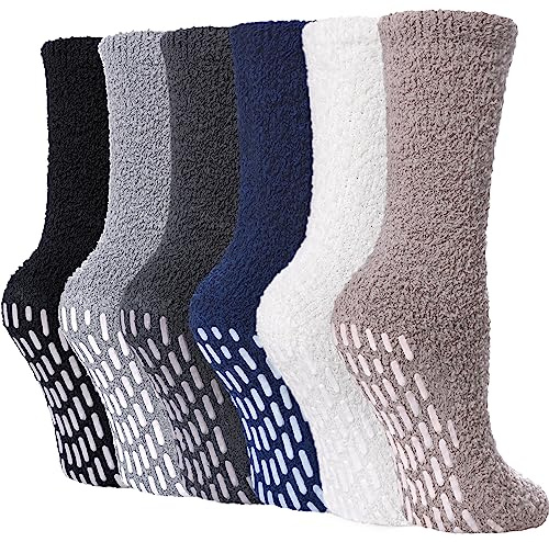 FNOVCO Non Slip Socks for Women Winter Warm Cozy Fuzzy Slipper Socks Soft Fluffy Hospital Socks with Grips (6 Pairs Solid Color)