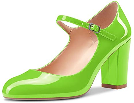 Castamere Mujer Medio Chunky Ancho Heel Redonda Punta Pumps Mary Jane Correa Tobillo Oficina Fiesta Dress Zapatos 8.5 CM Heels Verde Lima 35 EU