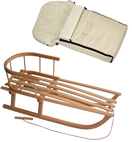 Kombi-erbjudande träsläde med ryggstöd och dragrep + universell vinteråkpåse (90 cm), även lämplig för babystol, barnvagn, babyvagn, lammull uni (beige + släde)
