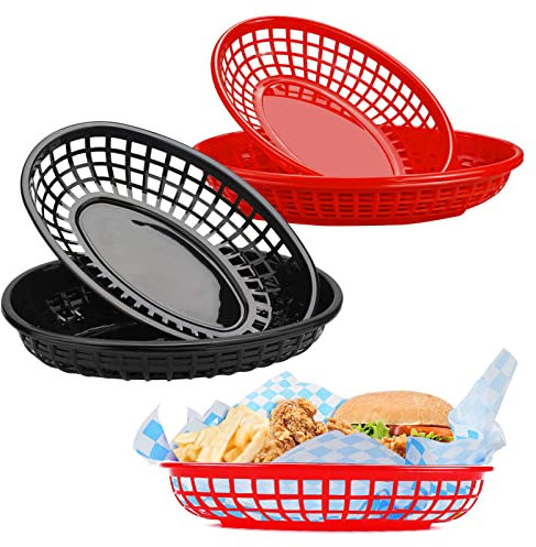 Lot de 6 Paniers panier de rangement plastique, ovales Réutilisables Corbeille à Pain Plastique Corbeille Osier pour Hot-Dogs Hamburgers Bonbons Fête Barbecue - 2 Couleurs