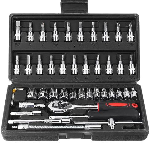 Vaileal 48 Stück Steckschlüsselsatz Satz: Ratschen Set mit 1/4 Ratschenschlüssel metrischem und Verlängerungsstange, SteckschlüSselsäTze Knarrenkasten für Autoreparatur und Heimwartung