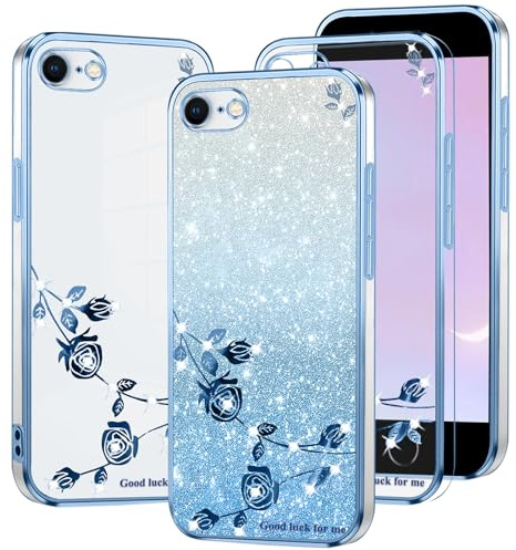 Kainevy Für iPhone 8 & 7 Hülle Durchsichtig Silikon Weich TPU mit Diamant Bling Bling, Handyhülle iPhone SE 2022 Glitzer Blumen Luxury 2 in 1 Trennbare Case Rosa Dünn (Blau)