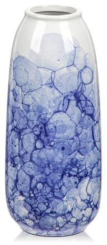 Hollyone Vase en céramique bleu et blanc de 23 cm pour fleurs, vase à fleurs en porcelaine chinoiserie pour décoration d'intérieur, poterie faite à la main pour salon, étagère, table à manger, centre