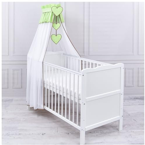 Generisch Baby Delux Babybett Himmel Betthimmel Chiffon Baldachin für Babybett Kinderbett Wiege Stubenwagen Himmelstange Applikationen Herz Deko (Blümchen Grün, mit Himmelstange)