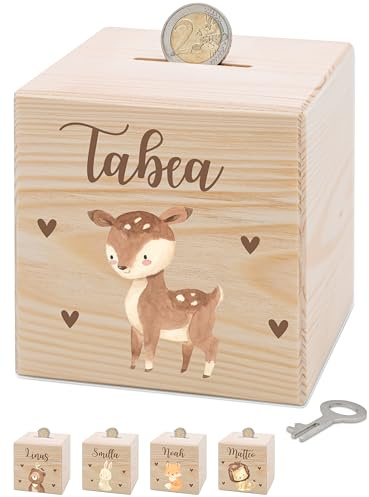 Bärenfreunde® - Personalisierte Spardose Kinder aus Holz mit Metallschloss - Spardose mit Namen mit kinderfreundlichem UV-Druck zum Sparen für Kinderträume (REH)