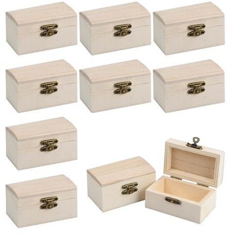 Wisebom 10 PCS Mini Wooden Treasure Chest, Unfinished Wooden Treasure Boxes with lid and Metal Locking Clasp for DIY Projects, Home Decor, Storage of small accessories, 9×5.5×5cm