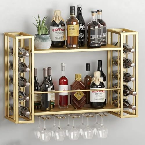 ZAOBAS Wall Mounted Wine Rack, Hanging Floating Bar Liquor Shelves with Glass Holder, Metal Bottle Holder Wine Storage Display Shelf for Home Bar, Gold (40”W x 9.8”D x 21.65”H)