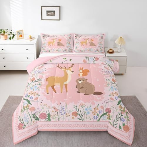 Erosebridal Floral Animal Toddler Kids Bedding Set - Cute Sika Deer Squirrel Comforter Set Queen Size for Teen Girls Woodland Animal Cartoon Fairytale Bed Comforter Set Safari Quilted Duvet Set 3Pcs