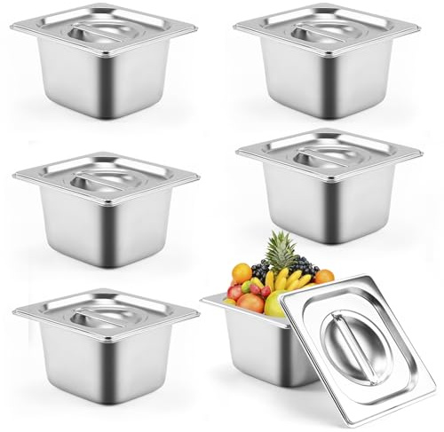 6 PCS Stainless Steel Pan Steam Table Pans 1/6 Size 4 Deep Stainless Steel Hotel Pan with Lid Restaurant Food Storage Containers with Lids Hotel Pans with Lids for Home Party Restaurant Hotel Buffet
