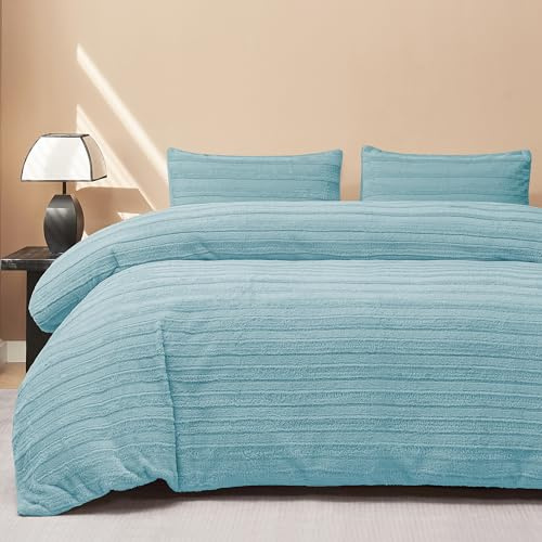 JELLYMONI Plush Duvet Cover Set - Twin Size Light Blue Striped Fuzzy Comforter Cover 2pcs Bedding Set Luxury Ultra Soft Faux Fur Duvet Cover & 1 Pillowcase (NO Comforter)