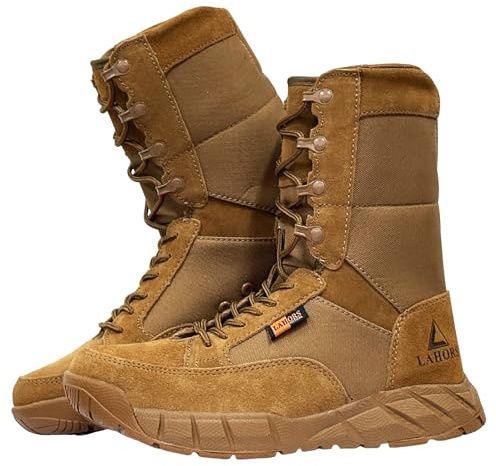 LAHORS Lightweight Mens Tactical Shoes Combat Boots Coyote Brown Boots Military Training Lace Up Outdoor Hiking Breathable Army Shoe Side Zipper (Brown-THICK, Adult, Men, 8)