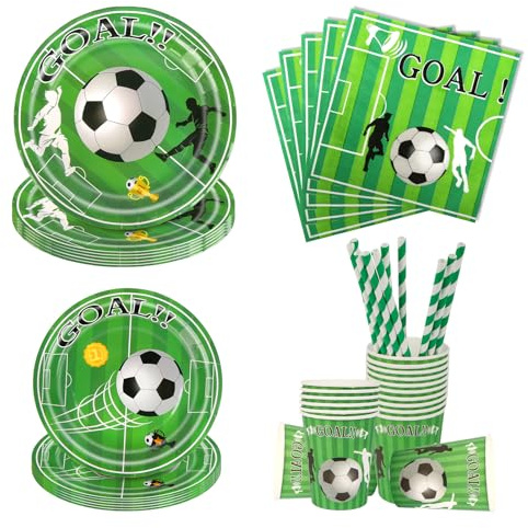 Aitsite 50 Stück Fußball Partygeschirr Set, Grün Fußball Partyteller Geburtstag für 10 Gäste, Fußball Geburtstag Geschirr, Einwegteller Pappbecher Servietten Strohhalme Party Deko(Grün)