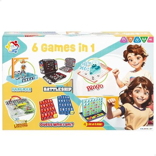 ColorBaby Set 6 Giochi da tavolo, L'impiccato, Bingo, Serpenti e scale 3D, Chi è chi, Affondare la Flotta, 4 online, per più di 2 Giocatori, Giocattoli bambini 6 anni (47946)