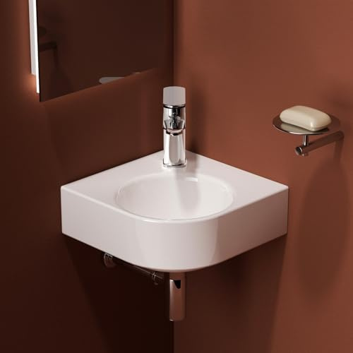 EMKE Waschbecken 44 x38,5 x 15,5 cm, Klein Handwaschbecken Weiß, Wasserhahn Rechts Wandmontage Waschschale Hängewaschbecken für Gäste-WC und Badezimmer