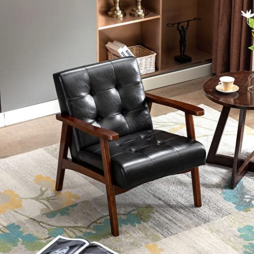 Mid-Century Retro-Ledersessel mit Holzrahmen, getufteter Akzent und schwarzer Polsterung, ideal für Wohnzimmer, Schlafzimmer und Empfangsbereich