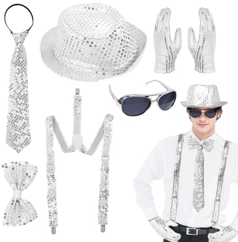 SIWOKJJO Glitzer Outfit 6er Set, Glitzer Accessoires und Kostüm Silber 70er Jahre Disco Zubehör für Karneval und Fasching