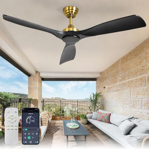 Depuley Groß Deckenventilator ohne Licht: 132CM Ventilator mit Fernbedienung und APP für Terrasse Garten - Leise Deckenventilator, Reversibler DC Timer für Schlafzimmer, Wohnzimmer, Schwarz und Gold