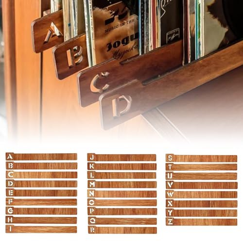 26 Pcs Séparateurs de Disques en Vinyle, Séparateurs D'alphabet de Disques, A~Z Alphabet Bois Diviseurs, Intercalaires de Disques Vinyle avec Onglets pour CD, DVD, Média Livre Alignement, Bibliothèque
