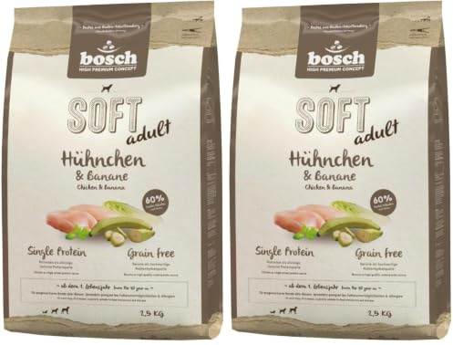 Bosch HPC Soft Hühnchen & Banane | halbfeuchtes Hundefutter für ausgewachsene Hunde Aller Rassen | Single Protein | Grain-Free | 1 x 2.5 kg (Packung mit 2)