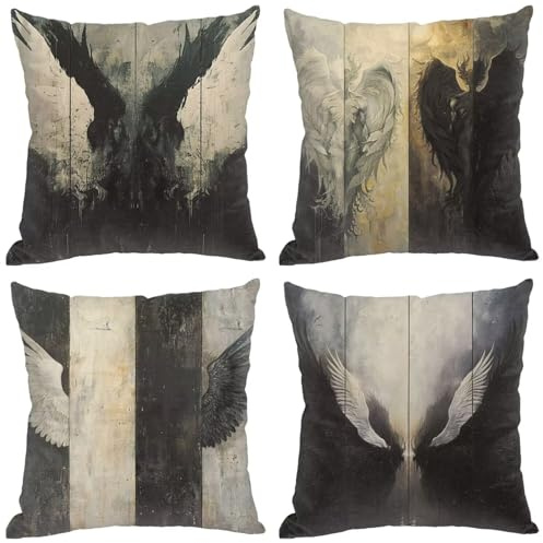 Fundas de Cojines 45X45 CM Juego de 4 Funda Almohada Alas Negras Súper Suave Cojines Para Sofa Alas Blancas Decorativos Cushion Covers con Cremallera Invisible para Sofá Silla Decoración Hogar G-8