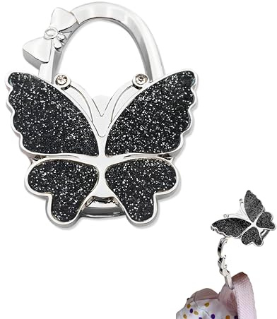 ZHENJIER Butterfly Design Purse Hook for Table - Foldable Handbag Hanger - Portable Bag Holder - Hangs Almost Anywhere(Glitter Black)