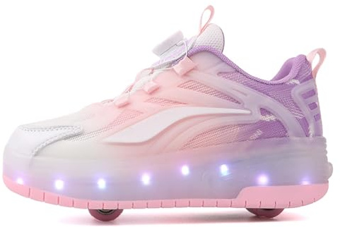 FANSU Schuhe mit 2 Rollen Jungen Mädchen Größe 30-40, LED Leuchtend 2 in 1 Kinder Rollschuhe Rollen Abnehmbar Skateboardschuhe Einziehbar Outdoor Sportschuhe, Gradient (Lila,36)