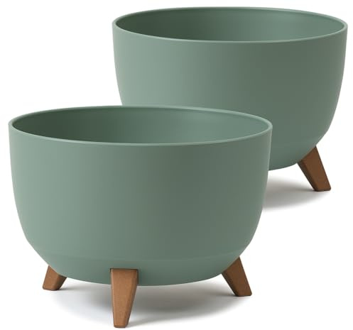 Tymar Vaso per rinvaso grande con piedistalli, vaso per fiori da esterno, vaso grande per fiori, vaschetta per fontana solare, vaso rotondo da terrazzo_Roma ((2pack) Grigio-verde; ø 47 cm)