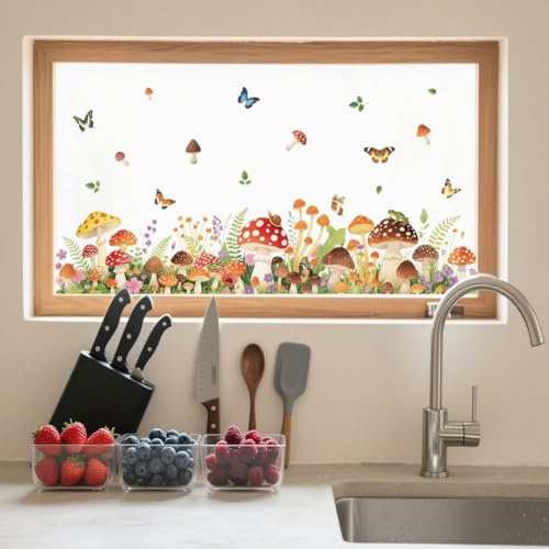 ANATTASOUL Fensterbilder Doppelseitig Pilz Und Schmetterling Fensterdeko Wiederverwendbar Fenstersticker Blickdichter Fenster Aufkleber Deko Herbst Winter für Wohnzimmer Badezimmer
