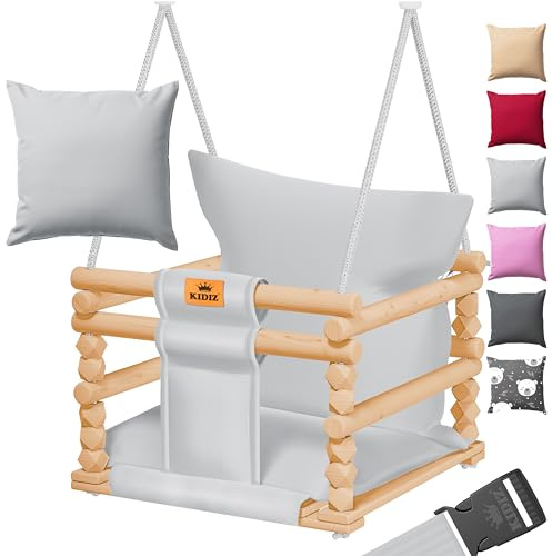 KIDIZ® Babyschaukel Kinderschaukel für Babys ab 6 Monaten und Kleinkinder bis 3+ Jahre | Holzschaukel Schaukelsitz höhenverstellbar & mit Polsterung | Schaukel für drinnen und draußen, Hellgrau