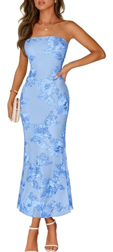 MEROKEETY Women's Summer Floral Wedding Guest Cocktail Maxi Dress, Blue, M | Strapless, Tube Top, Mesh, Bodycon, Lined, Mermaid, 2026 Summer Dress, Formal Elegant, Prom, Baby Shower, Party Long Dress
