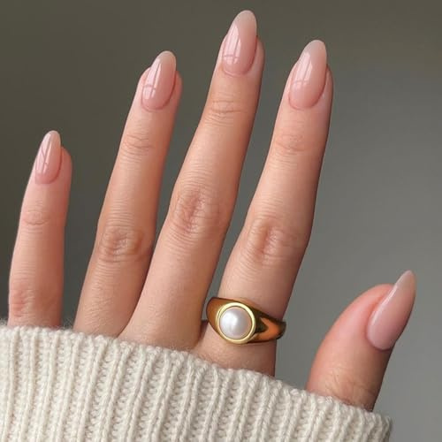 24 PCS Dusty Pink French Ombre False Nails – Short Almond Shape & Natural Glossy Finish, ABS Material with Jelly Adhesive Tabs, Elegant Nail Set for Women, Work, Dates & Daily Wear