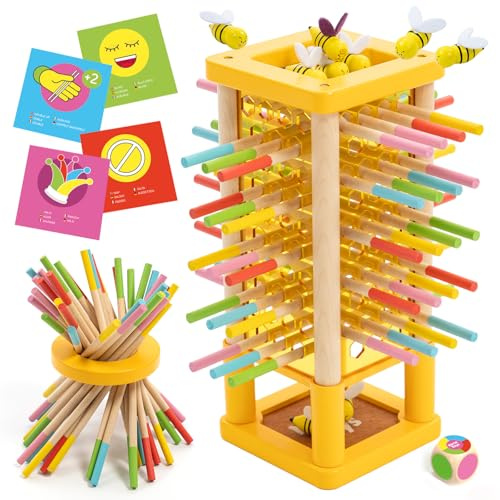 Nene Toys BEEFALL Brädspel för barn 3 år - FSC 4-i-1 balans torn i trä med tärning, actionkort och ring regnbågspinnar - Montessori-leksak finmotorik, familjespel