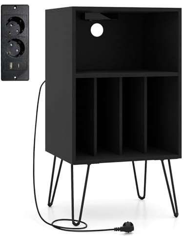 GIANTEX Soporte para Tocadiscos, Mueble para Discos de Vinilo con Compartimento Abiertos y 4 Divisores, Estación de Carga, 48 x 40 x 88 cm, Armario de CD para Salón, Oficina, Dormitorio (Negro)
