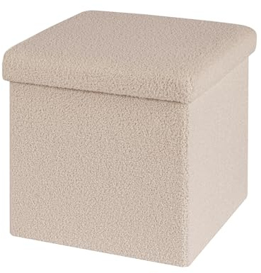 Bonlife Sitzhocker mit Stauraum, Faltbare Sitzwürfel mit Deckel, Stoffpelz Fußbank Truhen Aufbewahrungsbox, Fleece, Beige, 40x40x40cm