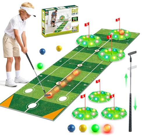 VATOS Ensemble de jeu de golf lumineux – Mini jouet de golf lumineux avec 4 trous LED, 4 balles (2 lueurs), putter extensible, construisez votre propre parcours à la maison, intérieur ou extérieur