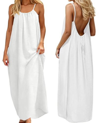 ABINGOO Vestido Verano Mujer Espalda Descubierta Largo Sin Mangas Vestidos | Color Sólido Holgado Casual Fluido Chic Fiesta Playa Maxi Dresses con Cordón