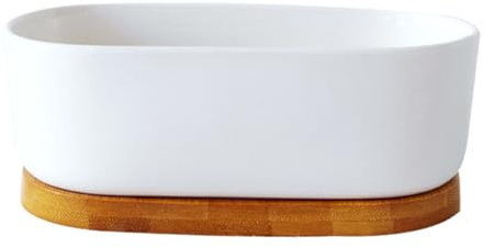 DIYEAH Lot de 1 Pot de Fleurs Ovales en Céramique Blanche pour Plantes Succulentes et Cactus, Jardinières D’intérieur avec Soucoupes en Bambou, Pot Rectangulaire Drainant, Décoration