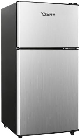 YASHE 86 Litre Mini Fridge with Freezer - Small Fridge, Under Counter Fridge, Double Door Refrigerator with 7 Settings Adjustable Thermostat, for Apartment, Bedroom, Dorm, RVs and Office, Silver