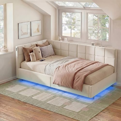 FOERPL Letto imbottito divano letto 90 x 200 cm, con illuminazione a LED, letto singolo con LED integrato e stazione di ricarica USB, 90 x 200 cm, letto per ragazzi con vano contenitore idraulico