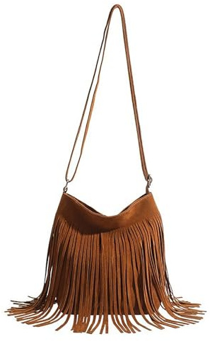 QWYEIQ Western Fringe Crossbody Bag Boho Adjustable Shoulder Purse Large Capacity Fringe Hobo Bags for Women Vintage Tassel Crossbody Bag for Music Festival & Party