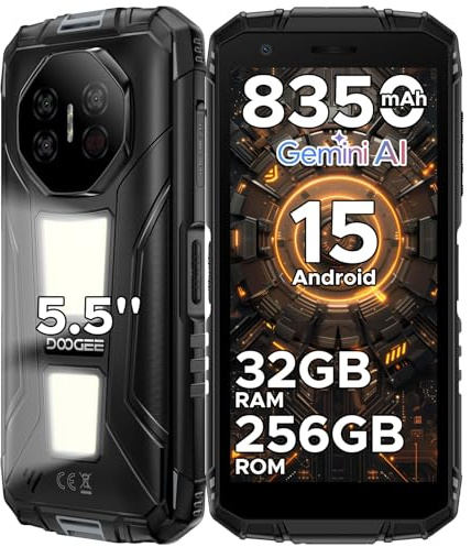 DOOGEERugged FIRE3MAX Movil Irrompible Android 15, 5.5HD+ 8350mAh Batería Móvil Rugerizado, 32GB+256GB/2TB Octa-Core T7250, 48MP+8MP/IP68/Face & Huella Dactilar/OTG/NFC/Dual SIM 4.5G Móvil Resistente