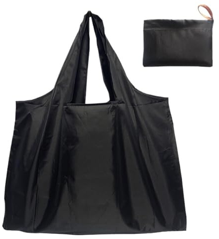 ITCGOB Bolsa de Tela Plegable Grande, Bolsa Compra Reutilizable de Nylon Resistente, Tote Bag Negra para Supermercado, Compras y Viajes, 58 x 40 cm, Lavable y Ecológica