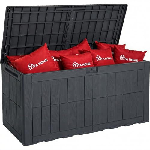 YITAHOME 450L Auflagenbox Wasserdicht, Große Gartenbox mit Schloss & Gasdruckfeder, Kissenbox mit Sitzfunktion bis 200 kg, Wetterfeste Resin Gartentruhe, UV-beständig & Belüftet, Dunkelgrau