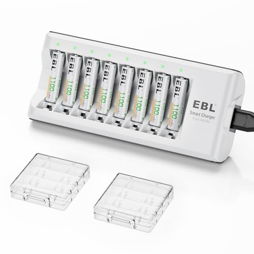 EBL Rechargeable AAA Batteries, 8 Pack 1100mAh NiMH Triple AAA Batteries and Individual AA AAA Battery Charger